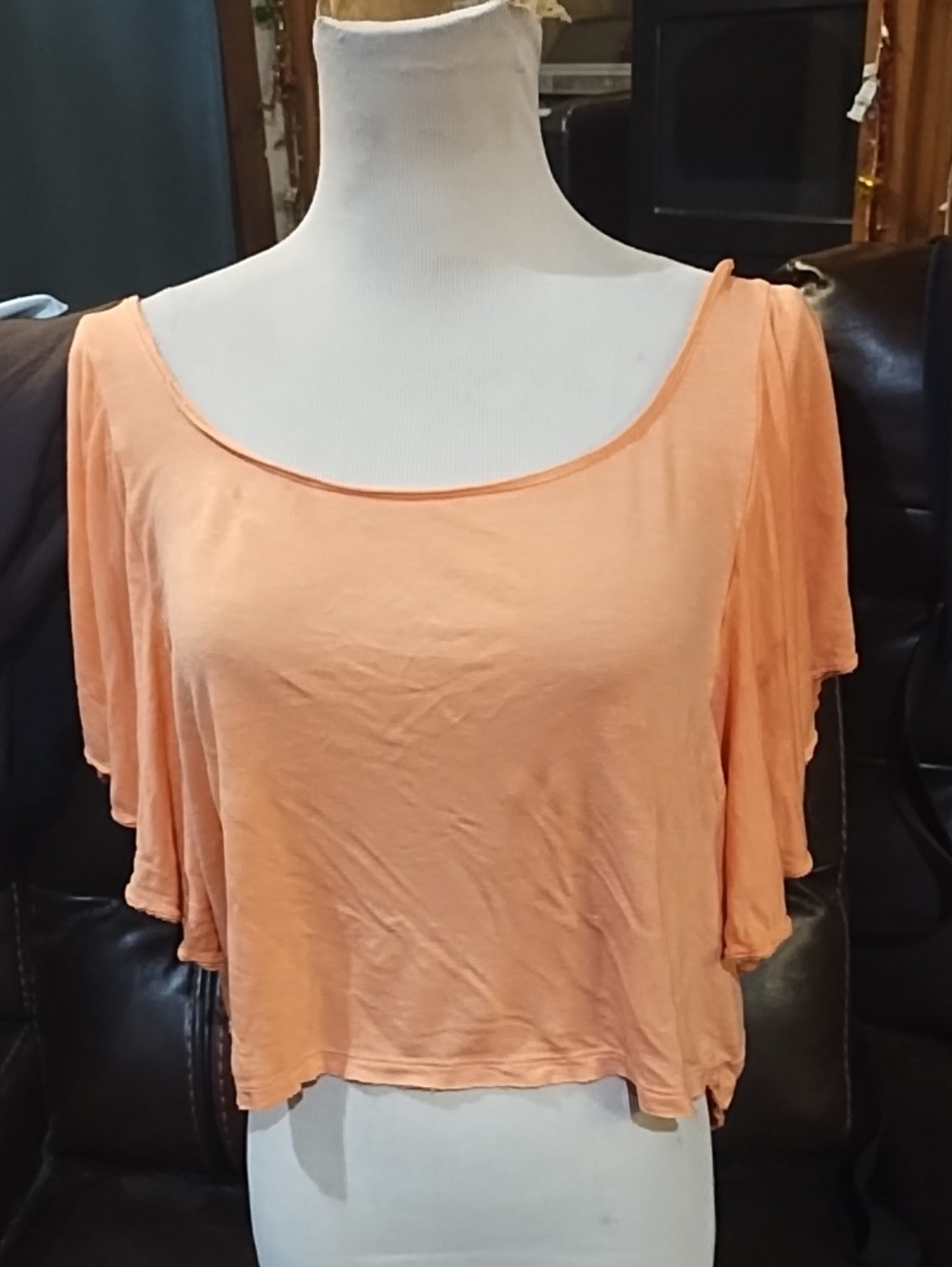 Peach Flutter-Sleeve Crop Top Cutout Back